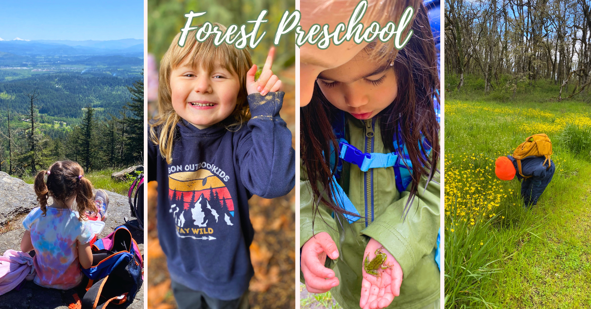 Children exploring outdoors at Oregon Outdoor Kids forest preschool in Eugene, Oregon